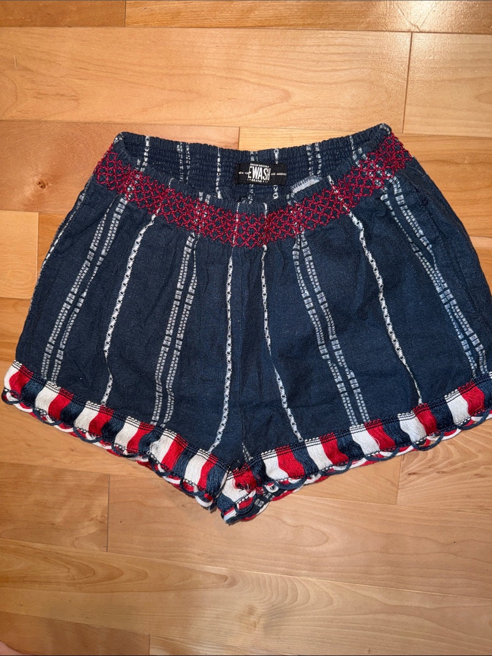 USA High-Waist Navy Smocked Shorts with Red Trim - S